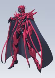 1boy aigis_(fate) armor armored_bodysuit black_cape cape fate/grand_order fate_(series) full_body grey_background hand_up helmet highres ka_ki_o looking_to_the_side neon_trim red_armor simple_background solo striped_cape winged_helmet