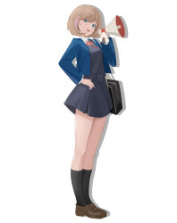 1girl absurdres bag black_socks blazer blonde_hair blue_eyes bow bowtie breasts dress hand_on_own_hip highres jacket ke&#039;ai_qu_qu loafers looking_at_viewer love_live! love_live!_superstar!! medium_hair open_mouth pleated_dress red_bow red_bowtie shirt shoes small_breasts socks standing tang_keke thighs white_background white_shirt