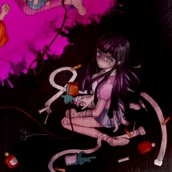 3girls apron bandaged_arm bandaged_leg bandages bandaid bandaid_on_leg blood blue_skirt bottle closed_mouth commentary_request corpse danganronpa_(series) danganronpa_2:_goodbye_despair eyelashes frown kneeling legendary_super_saiyan long_hair looking_at_viewer m-ace mioda_ibuki mole mole_under_eye multiple_girls noose pink_blood pink_shirt purple_eyes purple_hair rope saionji_hiyoko shirt shoelaces shoes skirt solo_focus spill spoilers super_saiyan surgical_scissors syringe tsumiki_mikan white_apron white_shoes