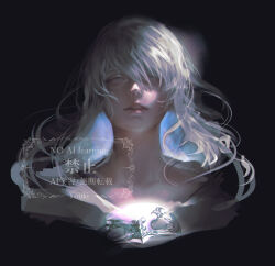 1boy androgynous artist_name black_background blue_eyes final_fantasy final_fantasy_xiv looking_at_viewer male_focus mask mask_around_neck medium_hair portrait realistic simple_background solo sophist&#039;s_robe_(ff14) themis_(ff14) watermark white_hair youki_(gdn)