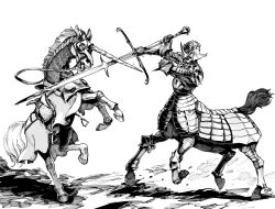 1other ambiguous_gender armor centaur couter cuirass cuisses fantasy full_armor gauntlets helmet highres hooves horns horse horse_tail knight monochrome original pauldrons pirata_(gailtonatiu) plate_armor poleyn reins rerebrace saddle shoulder_armor single_horn sword tail taur unicorn weapon zweihander