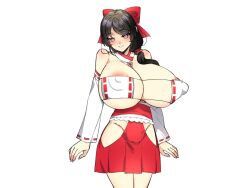 1girl areola_slip bow breasts brown_hair cleavage covered_erect_nipples detached_sleeves hair_ribbon hakama hakama_short_skirt hakama_skirt heart heart-shaped_pupils huge_breasts japanese_clothes light_blush light_smile long_hair milkseki nontraditional_miko original red_bow ribbon scrunchie skirt symbol-shaped_pupils