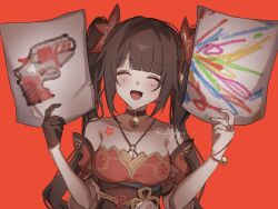 1girl 21syn_q_(gohan) bell black_choker black_sash blush breasts brown_hair child&#039;s_drawing choker cleavage closed_eyes collarbone criss-cross_halter dress facing_viewer flower_tattoo gloves gun halterneck handgun hands_up happy highres holding holding_paper honkai:_star_rail honkai_(series) long_hair mark_under_both_eyes medium_breasts neck_bell open_mouth paper red_background red_dress red_sleeves revolver sash simple_background single_glove snubnosed_revolver solo sparkle_(honkai:_star_rail) tattoo twintails weapon