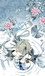 1girl aqua_hair bare_shoulders cha_hanare chinese_hairpin closed_eyes closed_mouth colored_inner_hair commentary detached_sleeves dress flower from_above genshin_impact grey_hair guizhong_(genshin_impact) hair_between_eyes hair_ornament hair_stick halter_dress halterneck highres lily_pad long_hair long_sleeves lotus multicolored_hair pink_flower ripples sleeveless sleeveless_dress smile solo tassel tassel_hair_ornament two-tone_hair white_dress white_sleeves wide_sleeves