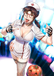 1girl alternate_costume azasuke bespectacled black_gloves black_lagoon breasts brown_eyes brown_hair cleavage collarbone costume female_focus fingerless_gloves fishnet_thighhighs fishnets glasses gloves halloween halloween_costume hat highres jack-o&#039;-lantern large_breasts looking_at_viewer middle_finger nurse nurse_cap open_mouth ponytail pumpkin red-framed_eyewear revy_(black_lagoon) sidelocks solo tattoo thighhighs tongue tongue_out zettai_ryouiki