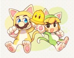 animal_costume animal_ears blush cat_ears cat_mario cat_tail facial_hair fang gloves hood hoodie link mario mario_(series) mustache nintendo smile super_bell super_mario_3d_world tail the_legend_of_zelda the_legend_of_zelda:_the_wind_waker toon_link wusagi2