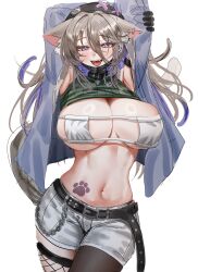 1girl absurdres animal_ear_fluff animal_ears arms_up asymmetrical_legwear bikini black_collar black_gloves black_headwear black_pantyhose black_thighhighs blush breasts brown_hair cat_ears cat_girl cat_tail cleavage collar crop_top ear_piercing extra_ears eyelashes eyepatch_bikini fang fishnet_thighhighs fishnets gloves green_shirt hair_between_eyes highres jacket large_breasts long_hair looking_at_viewer midriff mismatched_legwear nompang open_clothes open_jacket open_mouth original pantyhose paw_print paw_tattoo piercing purple_hair ribbed_shirt shirt short_shorts shorts simple_background single_leg_pantyhose single_thighhigh solo stomach swimsuit tail tattoo thighhighs tongue_piercing white_background white_bikini