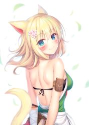 Rule 34 | 1girl, animal ears, arms behind back, backless outfit, bad id, bad pixiv id, bare shoulders, bikini, bikini top only, blonde hair, blue eyes, cat ears, cat tail, commentary request, facial mark, falling leaves, female focus, final fantasy, final fantasy xiv, flower, hair flower, hair ornament, leaf, long hair, looking at viewer, looking back, miqo&#039;te, motion blur, mutsuba fumi, partial commentary, smile, solo, swimsuit, tail
