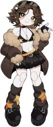1girl bare_shoulders belt black_belt black_bra black_gloves black_leg_warmers black_shoes black_skirt blur_layer bra breasts brown_coat brown_hair c: choker cleavage closed_mouth coat colored_skin crossed_belts curtained_hair dot_nose eyewear_on_head fingerless_gloves flipped_hair full_body fur-trimmed_coat fur-trimmed_sleeves fur_trim gloves hair_ornament hand_on_own_hip hand_up happy highres jewelry joints layered_skirt leg_warmers looking_at_viewer midriff navel necklace nekosharpie original pendant pigeon-toed platform_shoes pleated_skirt print_leg_warmers robot robot_joints shoes short_hair simple_background single_sleeve_past_wrist skirt small_breasts smile solo standing star_(symbol) star_hair_ornament star_print tachi-e transparent_background underwear v w white_skin wolf_cut yellow_belt yellow_eyes