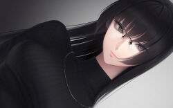 1girl black-framed_eyewear black_eyes black_hair black_sweater breasts closed_mouth dutch_angle erise gradient_background grey_background highres jewelry long_hair looking_at_viewer medium_breasts necklace original solo sweater turtleneck turtleneck_sweater upper_body v-shaped_eyebrows