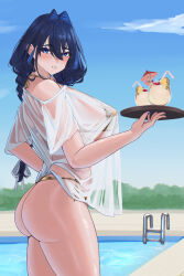 1girl absurdres alternate_costume ass bare_shoulders bikini blue-tinted_eyewear blue_eyes blue_hair blue_nails blue_sky braid breasts breasts_squeezed_together cleavage collarbone commentary eipanguino embroidered_dress eyewear_on_head from_side gold_bikini golden_week hair_intakes highres hololive hololive_english huge_breasts large_breasts long_hair looking_at_viewer low_twin_braids navel nervous_sweating official_alternate_hairstyle ouro_kronii pool pool_ladder poolside satin_bikini see-through_cleavage see-through_clothes see-through_shirt see-through_sleeves shiny_swimsuit shirt simple_background sky solo stomach sunglasses sweat swimsuit thick_thighs thighs tinted_eyewear tray twin_braids virtual_youtuber water