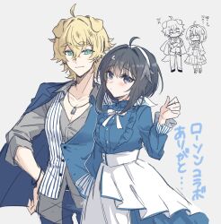 1boy 1girl animal_ears arknights black_hair blonde_hair blue_pants bow commentary_request dog_boy dog_ears expressionless feather_hair green_eyes grey_background grey_shirt hairband hand_up highres jacket jacket_on_shoulders jewelry la_pluma_(arknights) lawson long_sleeves male_focus necklace official_alternate_costume pants purple_eyes shirt simple_background skirt smile step-siblings tequila_(arknights) translation_request white_bow white_hairband white_skirt yoshikichi