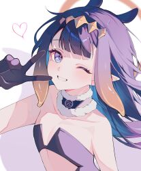 1girl absurdres bare_shoulders blue_eyes dress flat_chest fur-trimmed_collar fur_trim fyoshou gloves hairband halo heart highres hololive hololive_english long_hair looking_at_viewer mole mole_under_eye multicolored_hair ninomae_ina&#039;nis ninomae_ina&#039;nis_(1st_costume) one_eye_closed orange_hair orange_hairband pointy_ears purple_hair smile solo tentacle_hair v virtual_youtuber