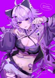 1girl :3 aegyo_sal ahoge animal_ear_fluff animal_ear_hairband animal_ear_piercing animal_ears belt black_belt black_hairband black_pantyhose blush bow breasts camisole cat_ear_hairband cat_ears cat_girl cat_hair_ornament cat_tail cleavage closed_mouth contrapposto cowboy_shot criss-cross_halter crop_top cross-laced_clothes cross-laced_sleeves denim denim_shorts eyelashes eyes_visible_through_hair fake_animal_ears fang flipped_hair hair_ornament hairband hairclip half-closed_eyes halterneck hands_up heart heart_hair_ornament highres hololive jacket kuroume_(aihikarikuroume24) large_breasts long_sleeves looking_at_viewer medium_hair midriff nail_polish navel nekomata_okayu nekomata_okayu_(personya_respect) o-ring o-ring_top official_alternate_costume open_clothes open_jacket pantyhose paw_pose puffy_long_sleeves puffy_sleeves purple_background purple_bow purple_camisole purple_eyes purple_hair purple_jacket purple_nails purple_shirt purple_tail purple_theme raised_eyebrows ringed_eyes see-through_clothes see-through_shirt shirt short_shorts shorts simple_background skin_fang sleeve_bow smile solo spaghetti_strap standing tail tongue tongue_out torn_clothes torn_pantyhose torn_shorts translation_request tsurime virtual_youtuber white_shorts