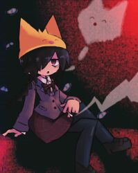 1girl absurdres animal_hat bags_under_eyes black_hair black_thighhighs bow bowtie braid brown_footwear brown_jacket buttons cigarette collared_shirt funamusea hair_over_one_eye hat hat_with_ears highres holding holding_cigarette iesonatana jacket kurai_yonaka long_hair lord_prosciutto mogeko_(funamusea) mogeko_castle open_mouth plaid_bow plaid_bowtie plaid_clothes red_background red_bow red_bowtie red_skirt shirt sitting skirt smoke smoking solo thighhighs twin_braids white_shirt