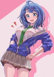 1girl blue_eyes blue_hair breasts collared_shirt cowboy_shot dutch_angle hand_in_pocket highres jacket kousan make_heroine_ga_oo_sugiru! medium_breasts medium_hair miniskirt necktie open_mouth perky_breasts pleated_skirt school_uniform shirt skirt solo track_jacket upper_body yanami_anna