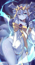 Rule 34 | 1girl, absurdres, blue eyes, blue hair, blue skin, colored skin, detached sleeves, dominus impulse, dragon girl, duel monster, highres, kanzakietc, looking at viewer, panties, pelvic curtain, pointy ears, solo, tiara, underwear, white panties, yu-gi-oh!