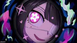 1girl brown_hair eyepatch hair_between_eyes highres honkai:_star_rail honkai_(series) jacket long_hair looking_at_viewer monitoring_(vocaloid) open_mouth parody pink_eyes pov_peephole rafxeed shirt smile solo sparkle_(honkai:_star_rail) twintails