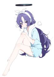 1girl bare_legs barefoot black_halo blue_archive blush bow bow_hairband closed_mouth full_body gyool hairband halo hands_on_own_knee highres invisible_chair legs long_hair looking_at_viewer official_alternate_costume purple_hair simple_background sitting solo sweat thighs toes towel towel_around_neck white_background white_bow white_hairband yuuka_(blue_archive) yuuka_(pajamas)_(blue_archive)
