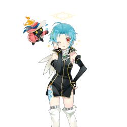 1girl ahoge armpits black_dress black_gloves blue_hair boots dress elbow_gloves fingerless_gloves gloves knee_boots merueto off-shoulder_dress off_shoulder orange_eyes pomme_(uchihime) sapphire_(uchihime) uchi_no_hime-sama_ga_ichiban_kawaii white_boots