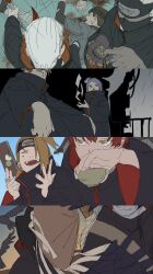 1girl 6+girls absurdres akatsuki_uniform bag bird black_cloak black_hair blonde_hair blood blue_hair blue_skin brown_hat cloak coin colored_skin crow cup death deidara_(naruto) forehead_protector hat hidan_(naruto) highres holding holding_cup hoshigaki_kisame jewelry kakuzu_(naruto) konan_(naruto) multiple_girls naruto_(series) naruto_shippuuden orange_hair pain_(naruto) pnpk_1013 red_hair ring sasori_(naruto) uchiha_itachi white_hair
