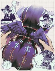 1boy 1girl ? absurdres agrat_bat_mahlat_(megami_tensei) andrich_galam bird blush english_text feathered_wings grid_background hat highres mini_wings pov pov_hands purple_wings shin_megami_tensei shin_megami_tensei_v shin_megami_tensei_v:_vengeance speech_bubble wings witch witch_hat