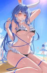 2girls animal_ear_fluff animal_ears arm_up ball beach beachball bikini black_bikini blue_hair blue_sky breasts commentary_request day extra_ears frilled_bikini frills hand_up highres hikimayu hololive large_breasts long_hair looking_at_viewer mother_and_daughter mouth_hold multiple_girls navel outdoors pekomama pekomon_(usada_pekora) pendora1022 rabbit-shaped_pupils rabbit_ears rabbit_girl rabbit_tail red_eyes ribbon short_eyebrows sidelocks sitting sky solo_focus stomach swept_bangs swimsuit symbol-shaped_pupils tail thick_eyebrows usada_pekora very_long_hair virtual_youtuber white_bikini