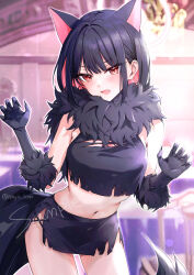 1girl absurdres animal_ears black_gloves black_hair black_shirt black_skirt blue_archive blush breasts cat_ears colored_inner_animal_ears colored_inner_hair cropped_shirt elbow_gloves extra_ears fur-trimmed_gloves fur_scarf fur_trim gloves halloween_costume halo hane_yuki highres kazusa_(blue_archive) kazusa_(halloween)_(blue_archive) looking_at_viewer medium_breasts midriff miniskirt multicolored_hair navel open_mouth pink_hair red_eyes revision sample_watermark shirt short_hair skirt sleeveless sleeveless_shirt solo tail two-tone_hair watermark wolf_tail