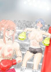 2girls absurdres artist_request boxing_gloves boxing_ring breasts catfight highres large_breasts multiple_girls no_bra peeing sweat sweatdrop tagme topless_female