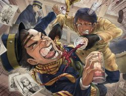 5boys :o anger_vein asirpa ass black_gloves black_hair dark-skinned_male dark_skin drinking facial_hair feet fighting glass gloves golden_kamuy hat highres indoors kepi koito_otonoshin korokoro_daigorou male_focus military military_hat military_uniform multiple_boys old old_man photo_(object) pulling scar scar_on_face scarf snot spilling stubble sugimoto_saichi tanigaki_genjirou teeth tsukishima_hajime yellow_scarf