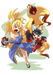 2girls animal_ears black_hair blonde_hair blush fox_ears fox_tail multiple_girls off_shoulder open_mouth original otonashi_hibiki red_eyes smile tail tsune-hime ukan_muri