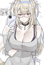 2girls absurdres black_bra bra bra_strap breasts collar ewn flying_sweatdrops fuwawa_abyssgard highres holding holding_phone hololive hololive_english large_breasts long_hair mirror_selfie mococo_abyssgard multicolored_hair multiple_girls phone red_eyes selfie semi-rimless_eyewear streaked_hair sweatdrop unamused underwear white-framed_eyewear white_background