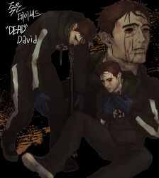 absurdres afraid_of_monsters bags_under_eyes beard_stubble black_hoodie blood blood_on_face bloody_tears brown_hair david_leatherhoff empty_eyes english_text facial_hair full_body hands_on_own_neck highres hood hoodie ju-san korean_text leaning_forward messy_hair multiple_views noose_necktie on_ground outstretched_arms outstretched_legs print_hoodie scar scar_on_face short_hair stitched_mouth stitches stubble the_addiction_(afraid_of_monsters) turtleneck