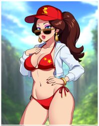 1girl artist_request bikini blue_eyes breasts brown_hair cloud diddy_kong diddy_kong_(cosplay) donkey_kong_(series) jacket lips long_hair looking_at_viewer mario_(series) medium_breasts nintendo open_clothes open_jacket pauline_(mario) ponytail sunglasses swimsuit