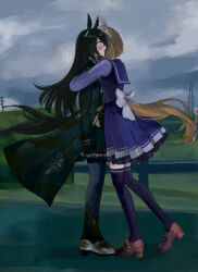 2girls absurdres ahoge animal_ears arms_at_sides black_coat black_gloves black_hair black_pantyhose black_shirt blush brown_hair brown_shoes clothing_cutout cloud cloudy_sky coat commentary_request dirty dirty_clothes ear_covers full_body gloves highres horse_ears horse_girl horse_tail hug long_hair long_sleeves manhattan_cafe_(umamusume) multiple_girls open_mouth outdoors pantyhose profile purple_shirt purple_skirt purple_thighhighs rain sailor_collar school_uniform shirt shoes short_hair skirt sky standing subaru_(user_tmwv7722) tail tail_through_clothes thighhighs tracen_school_uniform umamusume white_shoes yellow_eyes yukino_bijin_(umamusume)