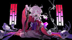1girl absurdres arm_strap bare_shoulders barefoot black_background breasts chain cleavage collar commentary_request cuffs full_body hair_between_eyes highres horns japanese_clothes kimono lankilanki leg_tattoo long_hair long_sleeves looking_at_viewer metal_collar off_shoulder open_mouth original oversized_object pale_skin pink_eyes red_kimono shackles sitting skull smoke smoking_pipe solo tattoo white_hair window