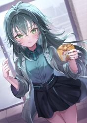 1girl :i ^^^ absurdres black_skirt blush coat dutch_angle eating gakuen_idolmaster green_eyes green_hair green_shirt grey_coat hair_flaps highres holding holding_skewer idolmaster long_hair looking_at_viewer nervous_sweating shirt shirt_tucked_in skewer skirt solo sweat takenaka_takeshi thighs tsukimura_temari v-shaped_eyebrows very_long_hair