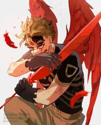 Rule 34 | 1boy, black gloves, blood, blood on face, boku no hero academia, brown hair, brown pants, feathers, gloves, hawks (boku no hero academia), highres, holding, holding feather, horocca, male focus, oversized object, pants, red feathers, red wings, short hair, short sleeves, solo, white background, wings, yellow eyes