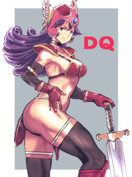 1girl armor armpits bare_shoulders bikini_armor blue_eyes boots breasts choker cleavage closed_mouth collarbone commentary_request cowboy_shot curly_hair dragon_quest dragon_quest_iii elbow_gloves from_side gloves helmet holding holding_sword holding_weapon kamisimo_90 large_breasts long_hair looking_at_viewer medium_breasts navel panties purple_hair red_armor red_gloves revealing_clothes smile warrior_(dq3) solo sword toned toned_female underwear warrior weapon winged_helmet