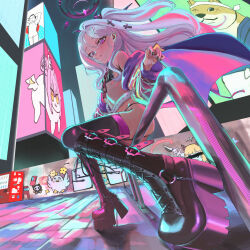 1girl :3 absurdres alternate_costume bikini black_bikini black_boots black_halo black_horns black_thighhighs blue_archive boots chen_bingyou city city_lights cityscape creature cross_hair_ornament death_momoi_(meme) demon_girl demon_horns demon_wings doodle_sensei_(blue_archive) doro_(nikke) flat_chest forehead goddess_of_victory:_nikke graffiti hair_ornament halo high_heel_boots high_heels highres hina_(blue_archive) horns long_hair looking_at_viewer low_wings master_shiba_(blue_archive) meme mika_(blue_archive) multiple_horns navel neon_lights neon_palette parted_bangs peroro_(blue_archive) purple_eyes purple_wings sensei_(blue_archive) sitting skullman_(blue_archive) solo swimsuit thighhighs vending_machine very_long_hair wings