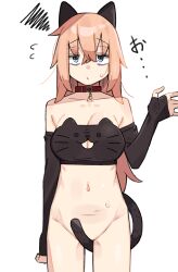 absurdres animal_collar animal_ears bags_under_eyes blue_eyes bottomless breasts cat_ears cat_lingerie cat_tail cleavage collar detached_sleeves hair_between_eyes highres large_breasts long_hair meme_attire michinoku_komaro navel nude pink_hair sattinittas seitokai_ni_mo_ana_wa_aru! simple_background tail white_background