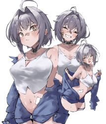 1girl ahoge bandaid bandaid_on_face bandaid_on_nose bandaid_on_stomach blue_jacket blush breasts camisole choker collarbone goddess_of_victory:_nikke grey_hair highres hii_(motorholic) jacket mori_(nikke) multiple_views navel open_clothes open_jacket short_hair sidelocks smile thighs white_background white_camisole yellow_eyes