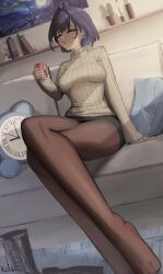 1girl absurdres black_hair black_skirt book bow bow_earrings brown_pantyhose can closed_eyes couch crossed_legs cushion drink_can earrings grey_sweater highres holding holding_can hololive hololive_english jewelry katsu_(katsuslider) kronie_(ouro_kronii) miniskirt necklace on_couch open_mouth ouro_kronii painting_(object) pantyhose plant potted_plant ribbed_sweater sitting skirt soda_can sweater virtual_youtuber