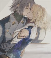 Rule 34 | 1boy, 1girl, athrun zala, blonde hair, blue hair, cagalli yula athha, closed eyes, couple, green eyes, gundam, gundam seed, hetero, jacket, kiss, long sleeves, medium hair, military jacket, military uniform, she (morianosu), short hair, solo, upper body, yellow eyes