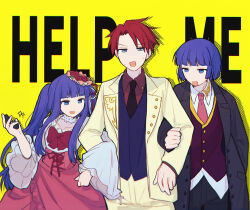 Rule 34 | 1boy, 1girl, 2boys, bakara (19083210), black coat, black necktie, black pants, blue eyes, blue hair, blue vest, blunt bangs, bow, buttons, chromatic aberration, coat, collared shirt, commentary request, corset, curtained hair, english text, film grain, furudo erika, gold trim, height difference, highres, jacket, lapels, locked arms, long hair, long sleeves, multiple boys, necktie, notched lapels, open clothes, open coat, open jacket, open mouth, pants, pink corset, pink necktie, pink skirt, red bow, red hair, red ribbon, red shirt, red vest, ribbon, shirt, short hair, sidelocks, skirt, smile, sparkle, twintails, umineko no naku koro ni, untucked shirt, ushiromiya battler, vest, virgilius (umineko), white shirt, wide sleeves, yellow background, yellow jacket, yellow pants