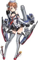 1girl black_sailor_collar black_skirt brown_eyes brown_hair dixie_cup_hat elbow_gloves flipped_hair full_body gloves grey_shirt grey_thighhighs hat headgear kantai_collection machinery military_hat miniskirt neckerchief official_art red_neckerchief richard_p._leary_(kancolle) rudder_footwear sailor_collar sailor_shirt school_uniform serafuku shirt short_hair skirt smokestack solo standing thighhighs transparent_background white_gloves white_hat zeco