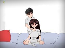1boy 1girl black_eyes black_hair blush breasts brother_and_sister couch highres imminent_penetration incest little_brother long_hair mari_(faraway)_(omori) mari_(omori) meme older_sister omori pillow short_hair siblings smile socks sunny_(omori)