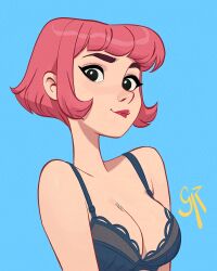1girl artist_name black_eyes blue_background blue_bra bra breasts cleavage commentary english_commentary galmesh_rosewood highres large_breasts looking_at_viewer no_pupils original pink_hair red_lips short_hair simple_background smile solo underwear