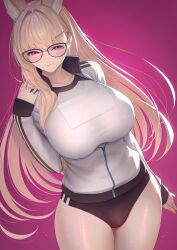 1girl absurdres animal_ears black_buruma breasts brown_hair buruma character_request closed_mouth collarbone copyright_request glasses gym_uniform hair_ornament highres imizu_(nitro_unknown) jacket large_breasts long_hair long_sleeves pink_background purple_eyes shirt solo track_jacket white_jacket white_shirt