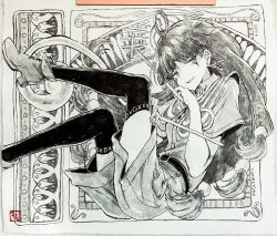 1girl ancient_egyptian ankle_boots artist_name belt belt_buckle blunt_bangs boots buckle commentary_request earrings fingernails foot_out_of_frame greyscale hisona_(suaritesumi) holding jewelry long_hair looking_at_viewer mark_under_eye michigami_nareko monochrome photo_(medium) seal_impression shirt short_sleeves shorts solo thighhighs touhou traditional_media
